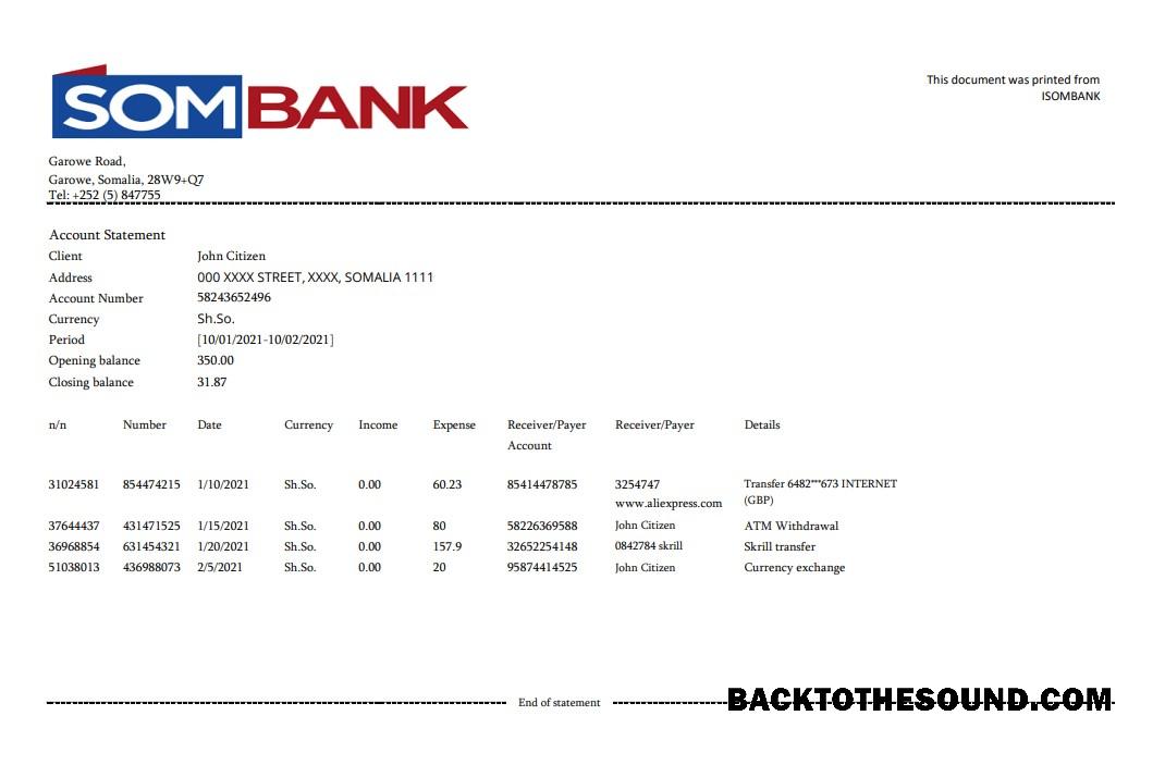İndir Somali Sombank Excel PDF Örnek örnek