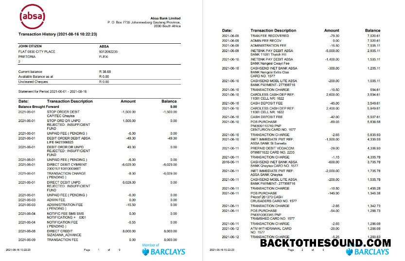 İndir Güney Afrika ABSA Banka Hesap Özeti easy to fill in Word and PDF Format (9 pages) Örnek şablon