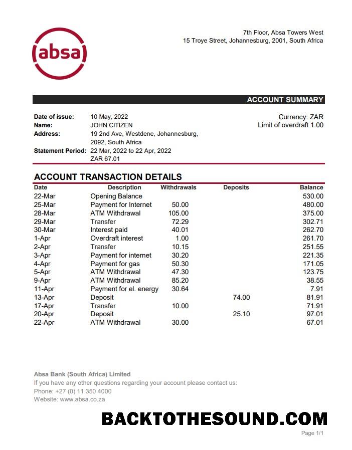İndir Güney Afrika ABSA Banka Hesap Özeti XLS Örnek örnek