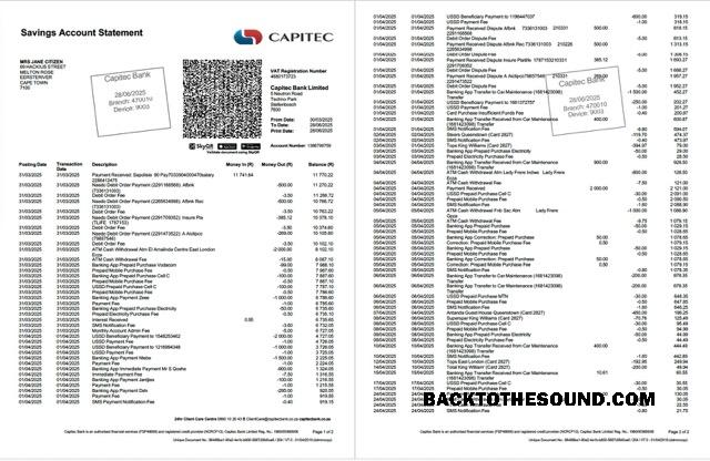 Gerçekçi İndir Güney Afrika Capitec Banka Hesap Hesap Özeti Word and PDF Şablon, 2 pages Örnek