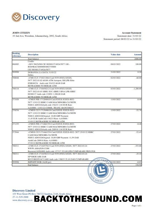 İndir Güney Afrika Discovery Banka Hesap Özeti, Excel and PDF Örnek tasarım