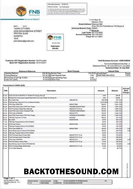 İndir Güney Afrika FNB Banka Hesap Özeti Word and PDF Örnek şablon