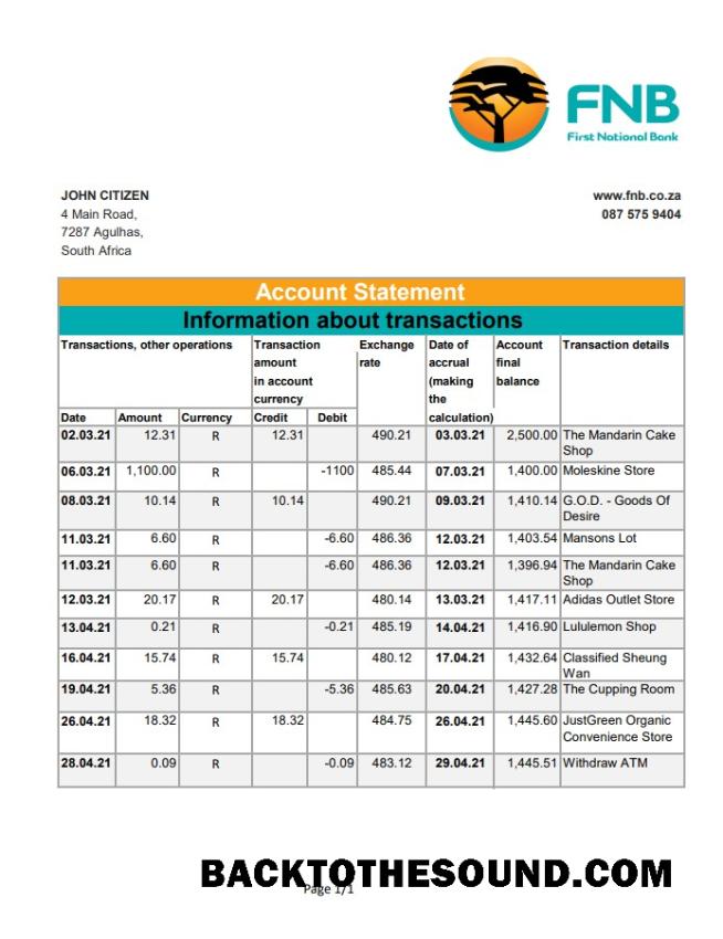 İndir Güney Afrika FNB Excel PDF Örnek şablon