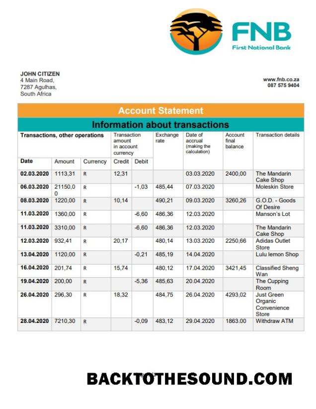 İndir Güney Afrika First ulusal Banka (FNB) proof of address Hesap Özeti in Word and PDF Format Örnek şablon