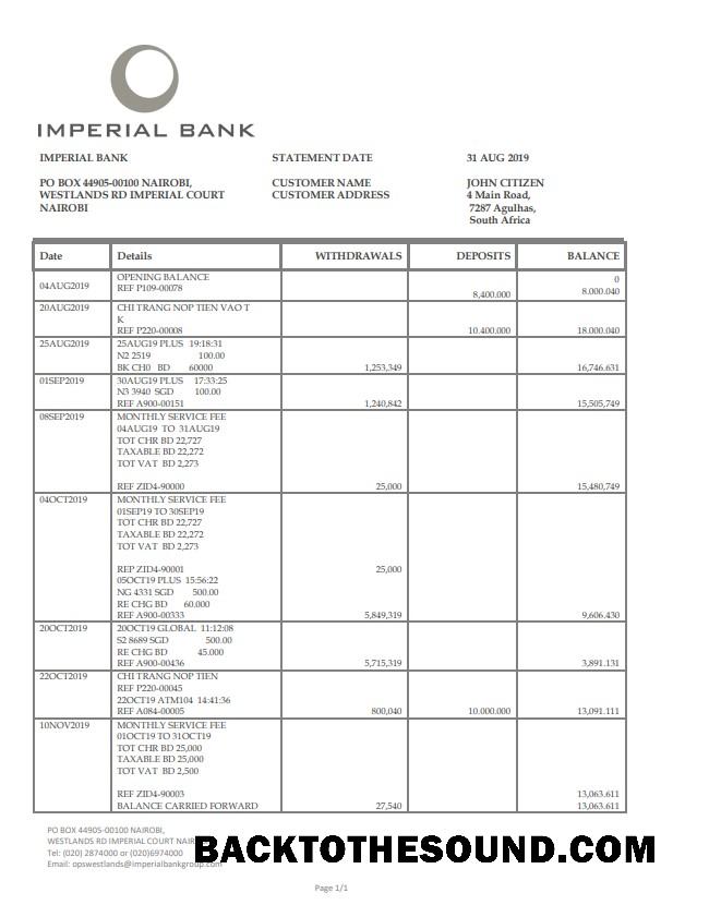 İndir Güney Afrika Imperial Banka Hesap Özeti easy to fill in Word and PDF Format Örnek şablon