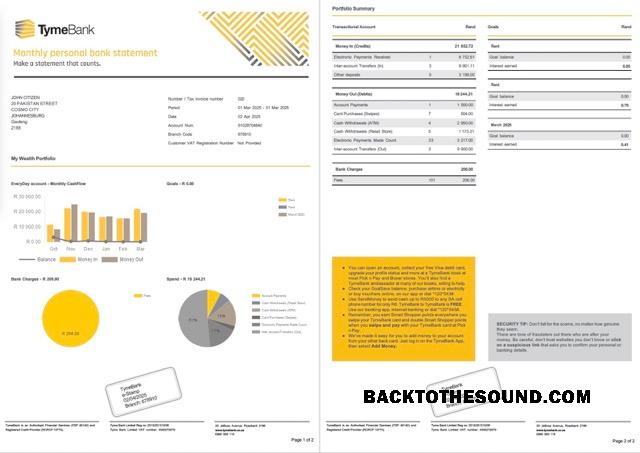Profesyonel İndir Güney Afrika Tyme Banka Hesap Hesap Özeti Word and PDF Şablon, 2 pages Örnek