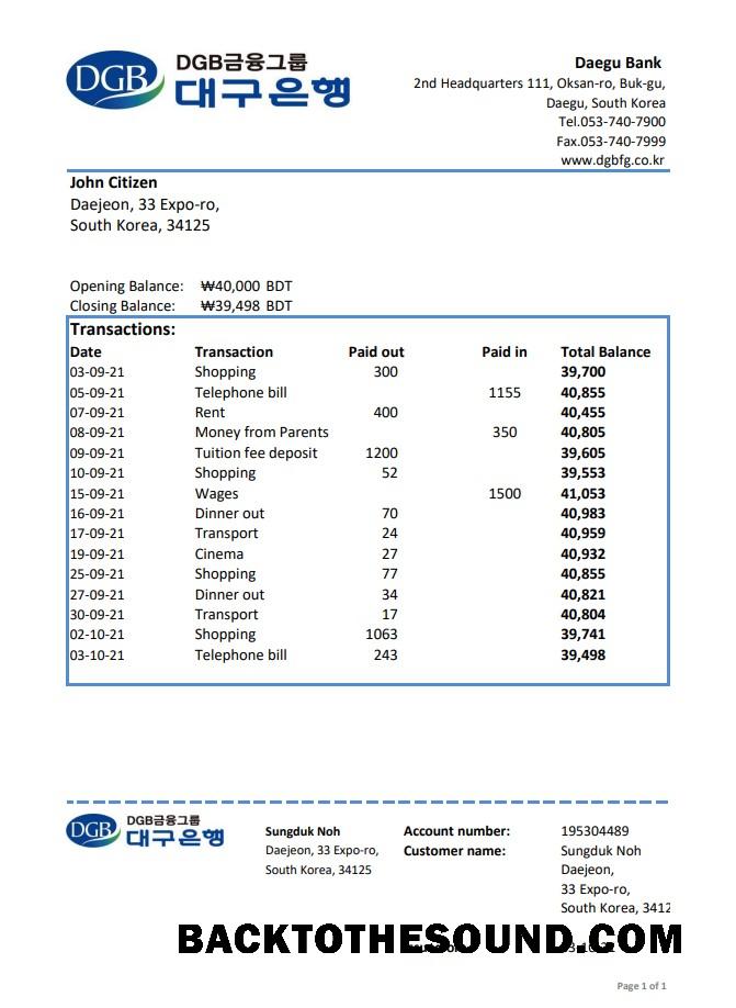 İndir Güney Kore Daegu Banka Excel Örnek şablon