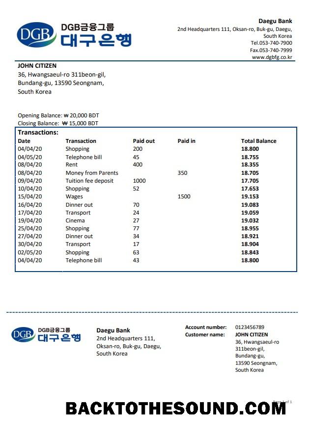İndir Güney Kore Daegu Banka proof of address Hesap Özeti in Word and PDF Format Örnek ön izleme