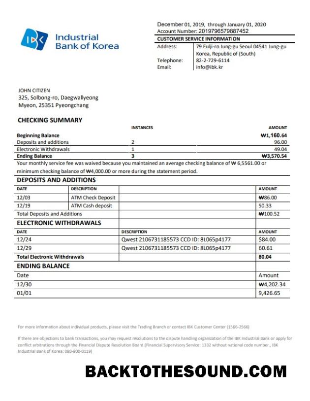 İndir Güney Kore Industrial Banka of Korea Banka Hesap Özeti in Word and PDF Format Örnek taslak