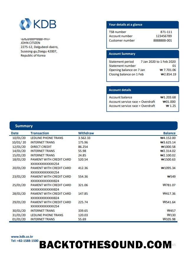 İndir Güney Kore KDB Banka proof of address Hesap Özeti in Word and PDF Format Örnek taslak