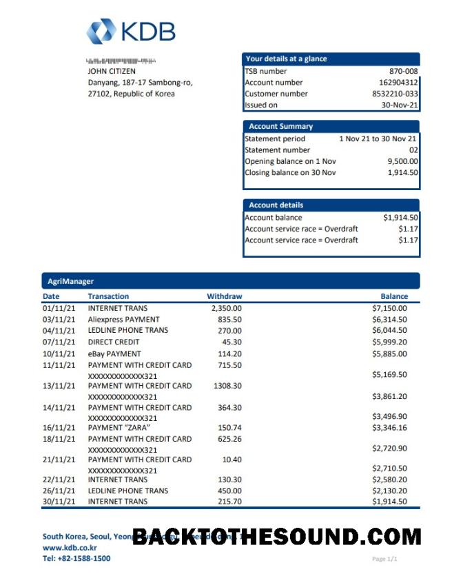 İndir Güney Kore KDB Banka Hesap Özeti easy to fill in Excel and PDF Format Örnek taslak