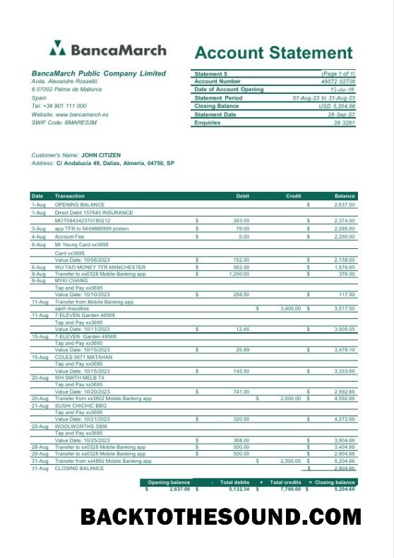 İndir İspanya BancaMarch Banka Hesap Özeti Word and PDF Örnek şablon