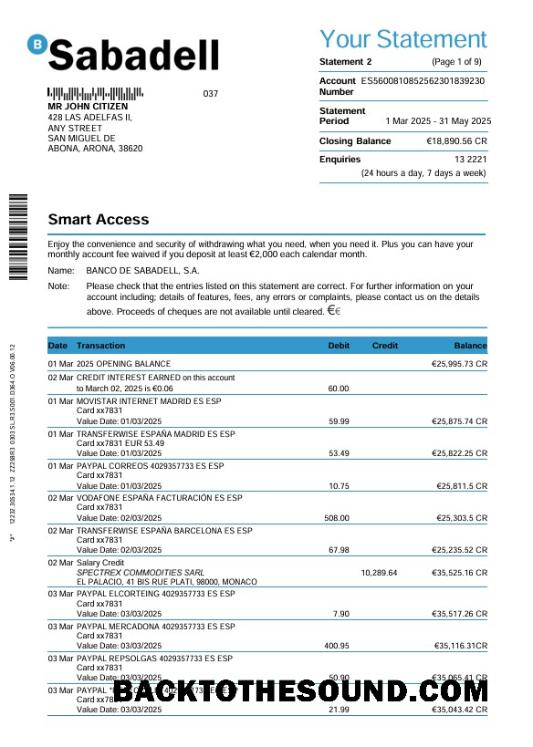 Düzenlenebilir İndir İspanya Sabadell Banka Hesap Özeti 3 month Word and PDF Şablon, 9 pages Örnek