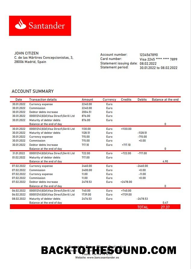 İndir İspanya Santander Banka Hesap Özeti in Word and PDF Format, Sürüm 2 Örnek taslak