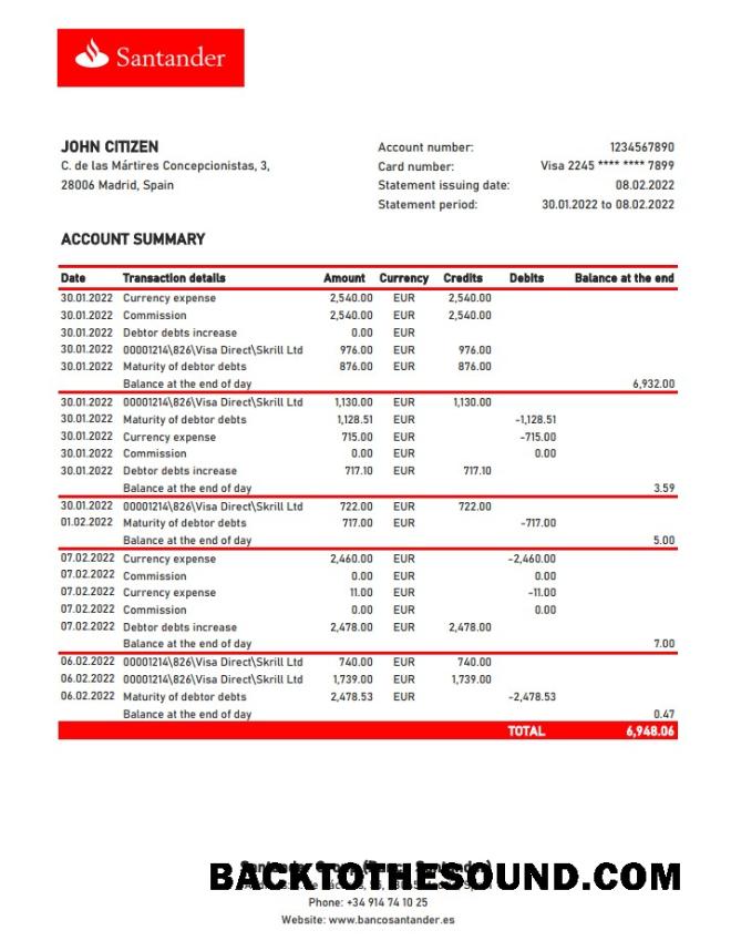 İndir İspanya Santander Banka Hesap Özeti XLS Örnek taslak