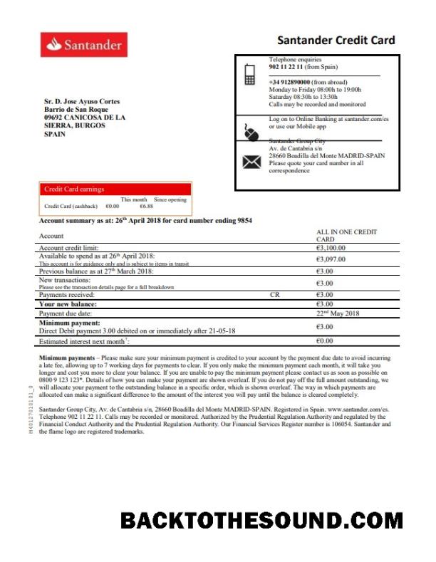 İndir İspanya Santander Kredi Kart proof of address Banka Hesap Özeti in Word and PDF Format Örnek taslak
