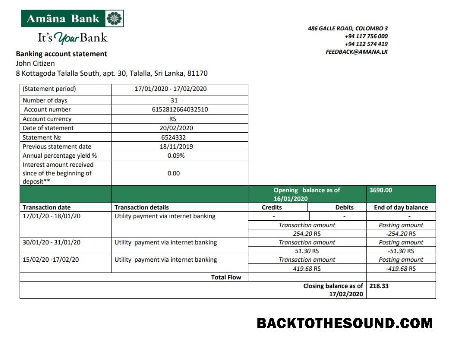 İndir Sri Lanka Amana Banka proof of address Hesap Özeti in Word and PDF Format Örnek şablon
