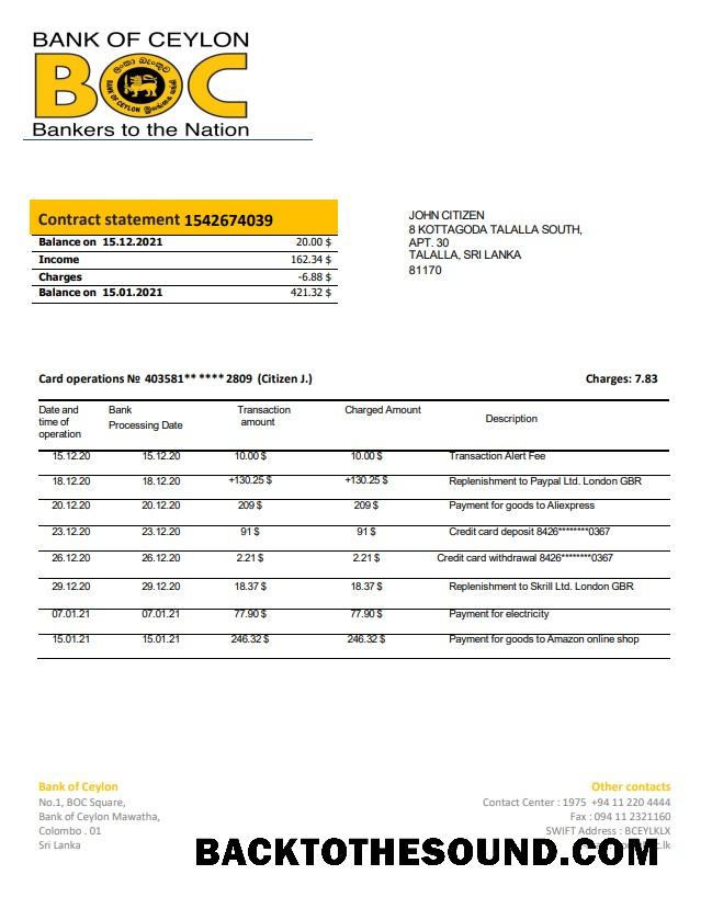 İndir Sri Lanka Banka of Ceylon Banka Hesap Özeti in Word and PDF Format, good for address prove Örnek örnek