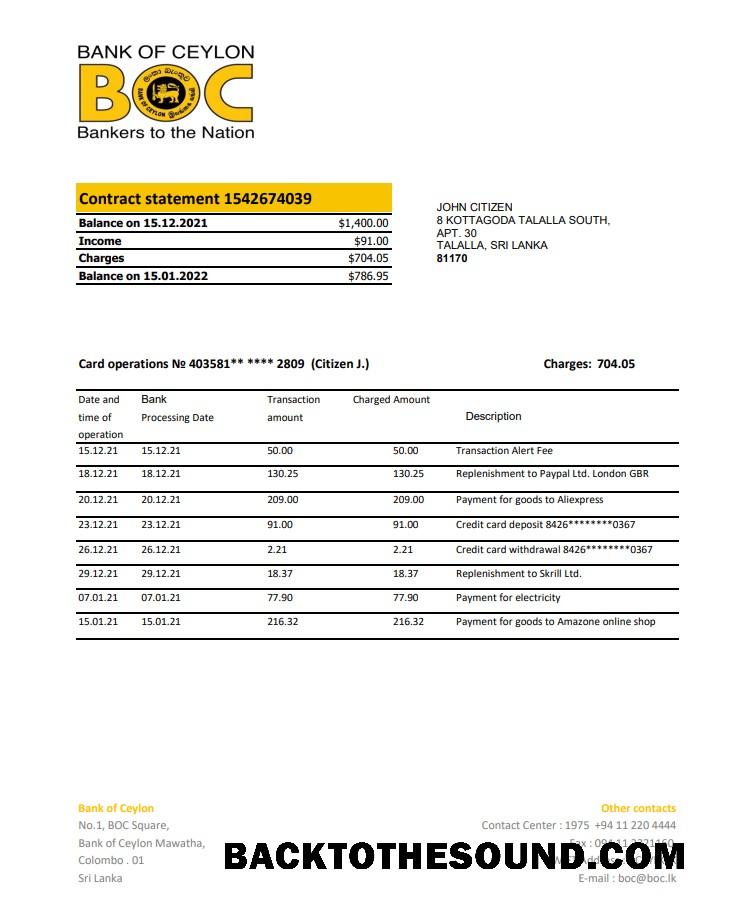 İndir Sri Lanka Banka of Ceylon Excel PDF Örnek tasarım