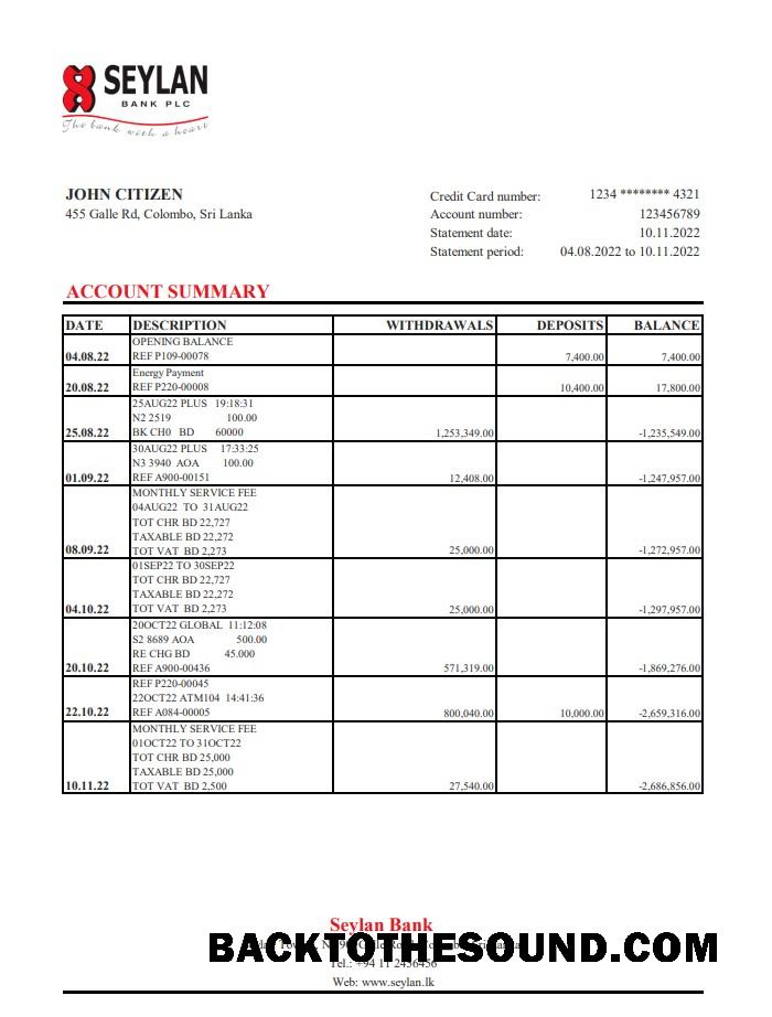 İndir Sri Lanka Seylan Banka Hesap Özeti XLS Örnek taslak