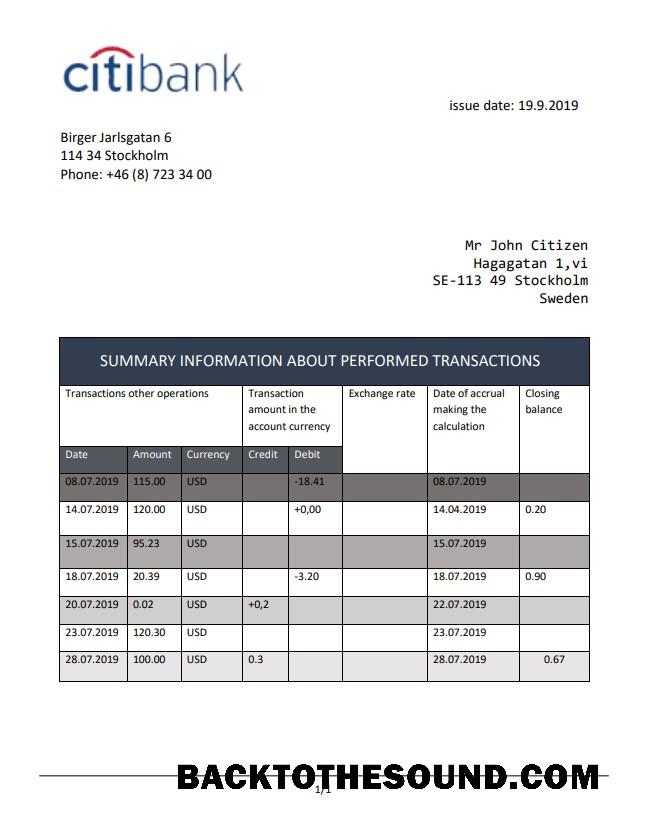 İndir İsveç Citibank Hesap Özeti easy to fill in .doc and .PDF Format, fully Düzenlenebilir Örnek ön izleme