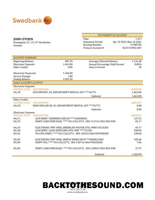 İndir İsveç Swedbank Banka Hesap Özeti Örnek taslak