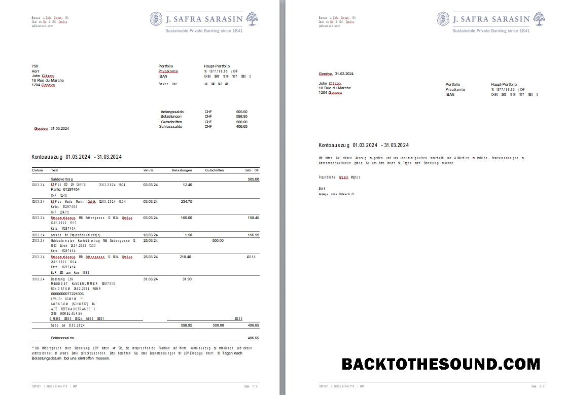 İndir İsviçre Banka J. Safra Sarasin Banka Hesap Özeti 2 pages Copy Örnek şablon