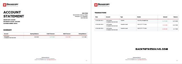 Profesyonel İndir İsviçre Dukascopy Banka Hesap Hesap Özeti Word and PDF Şablon, 2 pages Örnek