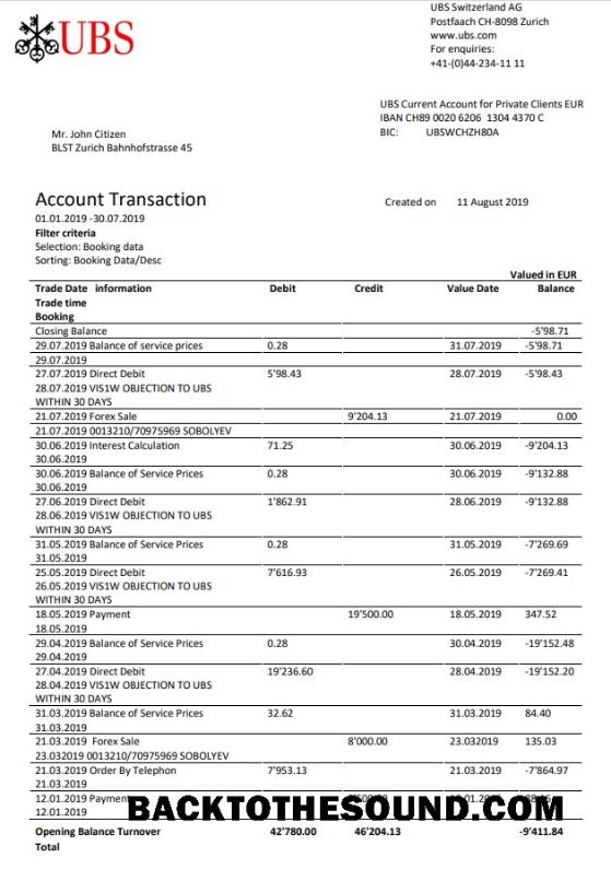 İndir İsviçre UBS Banka proof of address Hesap Özeti in Word and PDF Format, Sürüm 1 Örnek örnek
