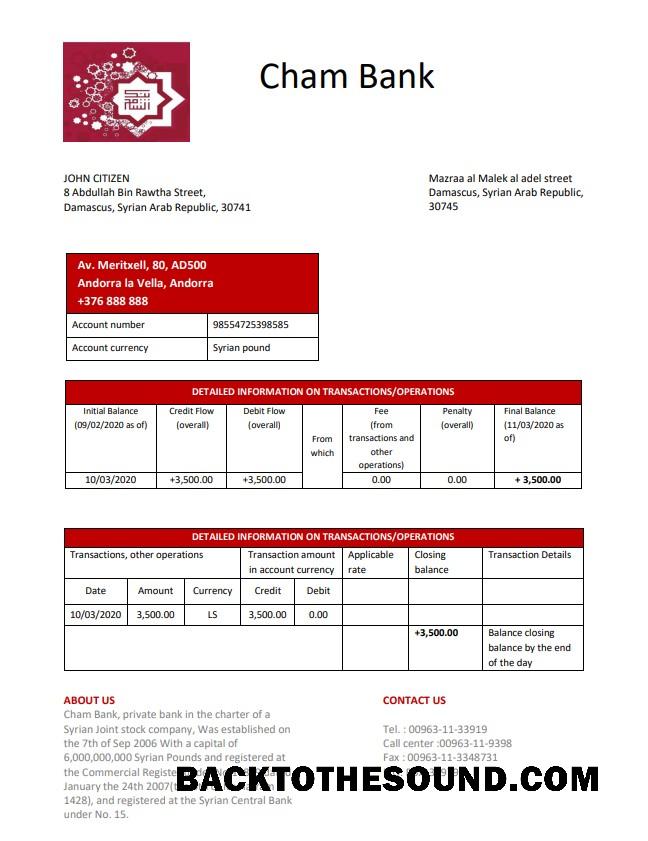 İndir Suriye Cham Banka proof of address Hesap Özeti in Word and PDF Format, .doc and .PDF Format Örnek ön izleme