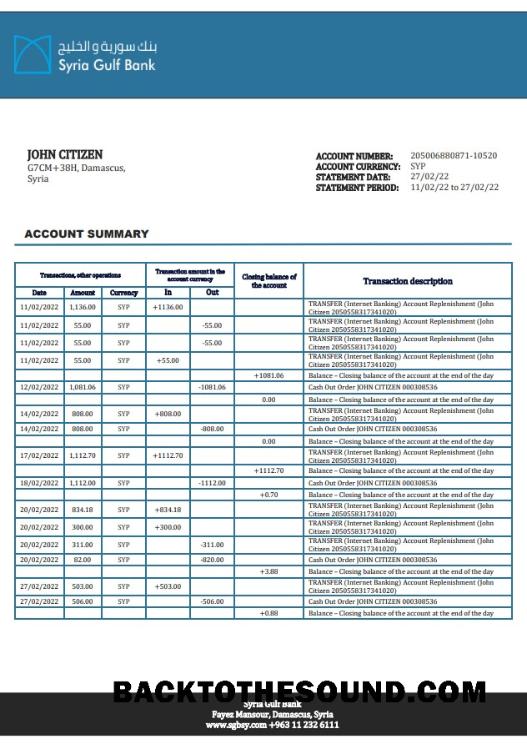 İndir Suriye Gulf Banka proof of address Hesap Özeti in Word and PDF Format, .doc and .PDF Format Örnek ön izleme