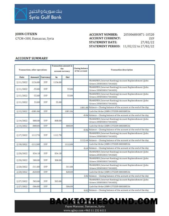 İndir Suriye Gulf Banka Hesap Özeti XLS Örnek şablon