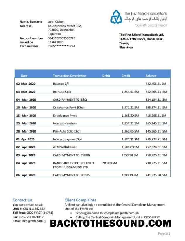 İndir Tacikistan The First MicroFinance (FMFB) Banka Hesap Özeti Örnek taslak