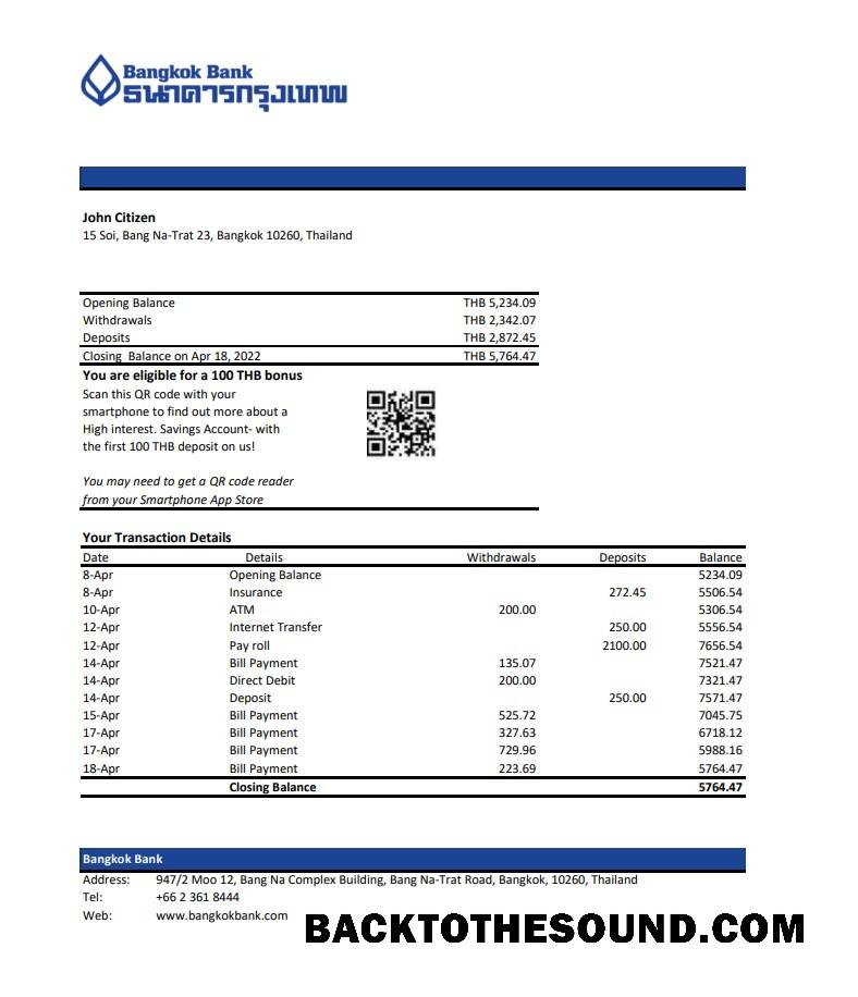 İndir Tayland Bangkok Banka Hesap Özeti, Excel and PDF Örnek ön izleme