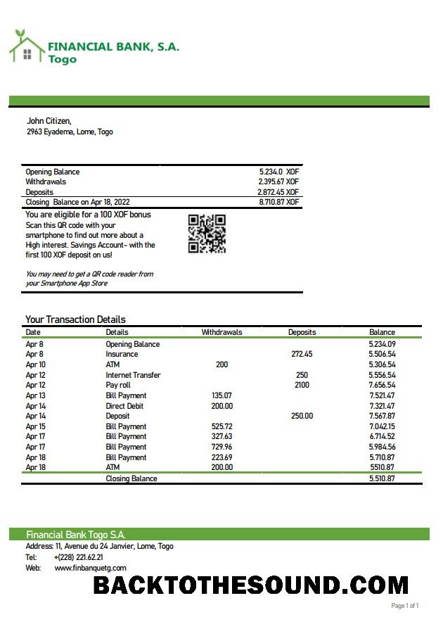 İndir Togo Financial Banka Hesap Özeti Örnek ön izleme