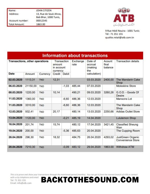 İndir Tunus ATB Banka proof of address Hesap Özeti in Word and PDF Format (.doc and .PDF) Örnek ön izleme