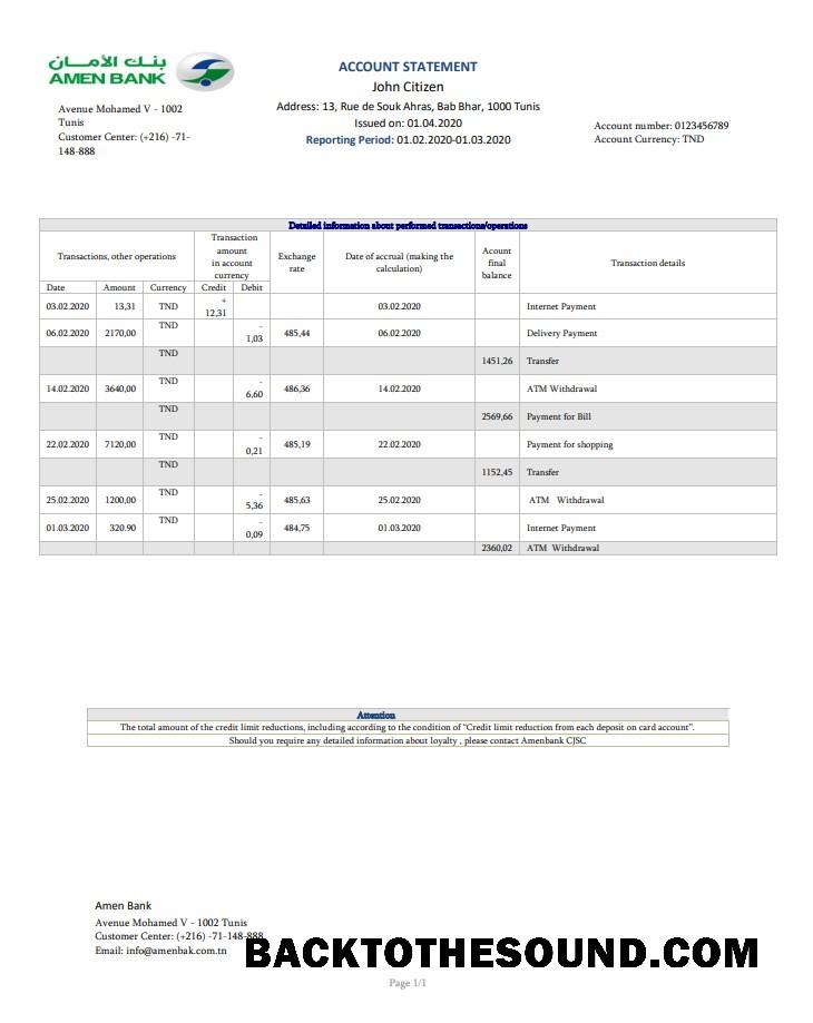 İndir Tunus Amen Banka Hesap Özeti easy to fill in Word and PDF Format Örnek taslak
