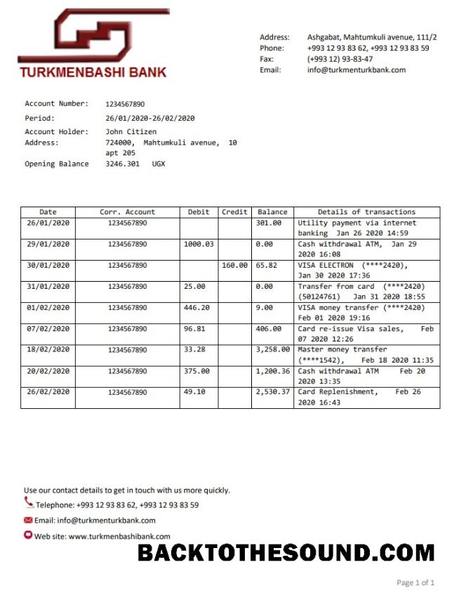 Gerçekçi İndir Türkmenistan Turkmenbashi Banka Hesap Özeti Şablon, Word and PDF Format (.doc and .PDF) Örnek