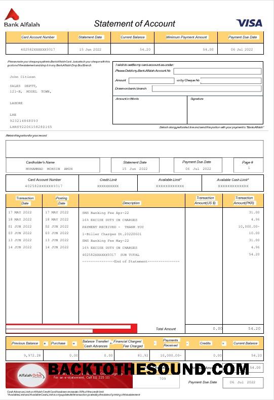 İndir BAE Abu Dhabi Banka Alfalah Hesap Özeti Word and PDF Örnek taslak
