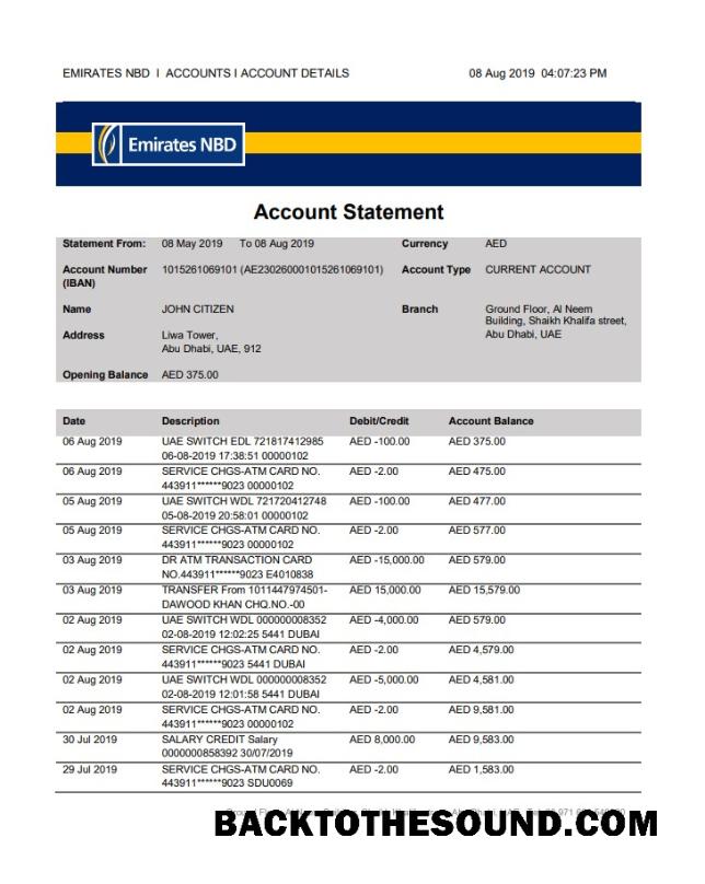 İndir BAE Abu Dhabi Emirates NBD Banka Hesap Özeti.PDF Örnek örnek