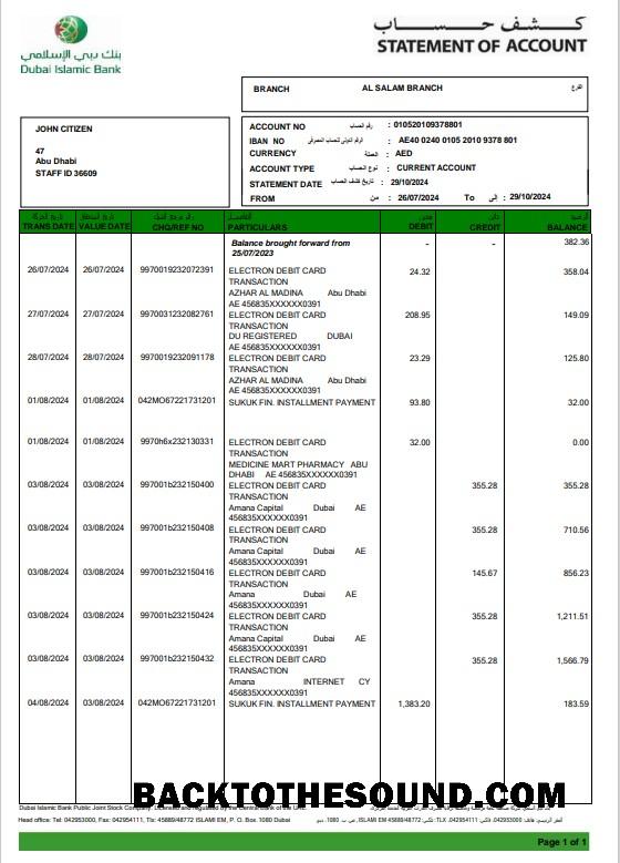 İndir BAE Duabi Islamic Banka Hesap Özeti 3 – 6 months Word and PDF Örnek Örnek tasarım