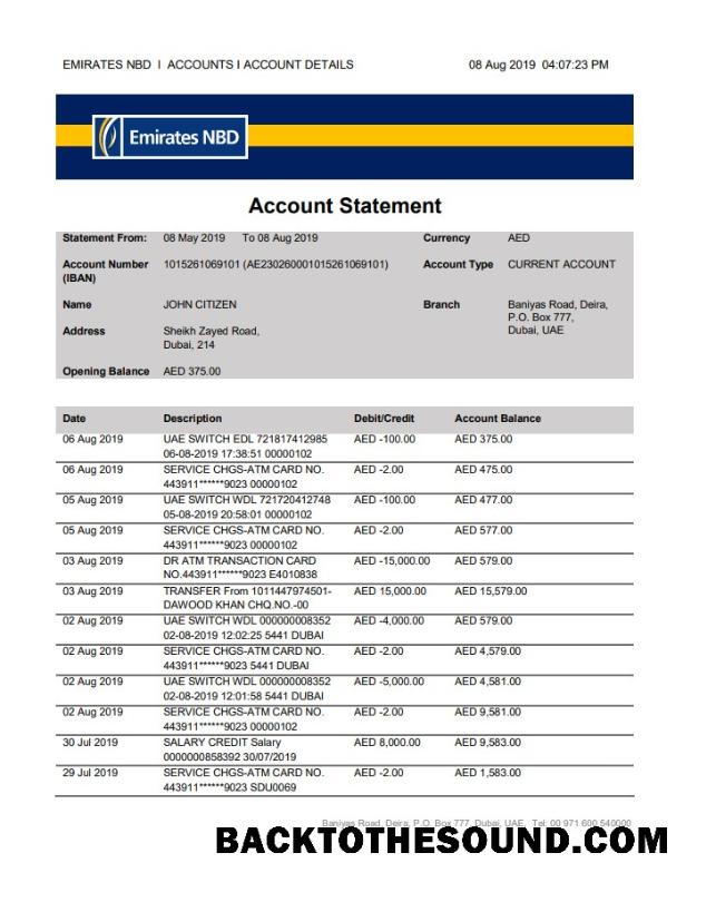 İndir BAE Dubai Emirates NBD Banka proof of address Hesap Özeti in Word and PDF Format Örnek tasarım