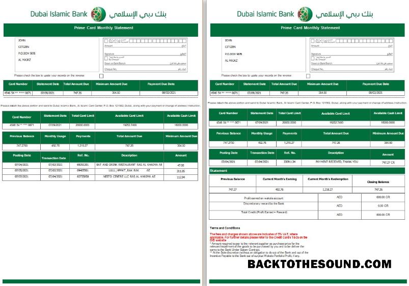 Profesyonel İndir BAE Dubai Islamic Banka Hesap Özeti Word and PDF Şablon, 3 pages Örnek