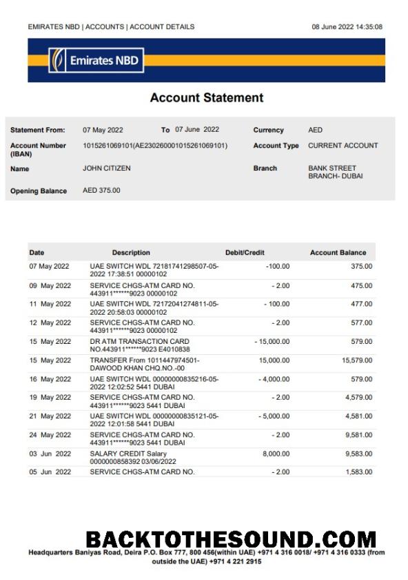 Profesyonel İndir BAE Dubai NBD Banka Hesap Özeti Word and PDF Şablon, Sürüm 2 Örnek