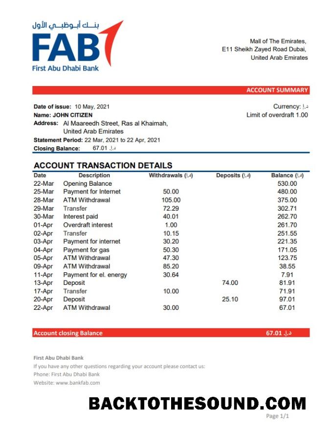 İndir BAE First Abu Dhabi Banka Excel PDF Örnek şablon