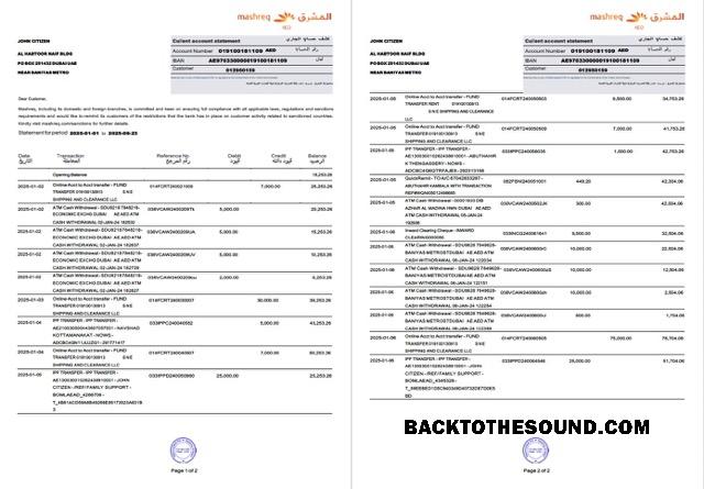 Düzenlenebilir İndir BAE Mashreq Hesap Hesap Özeti Word and PDF Şablon, 2 pages Örnek