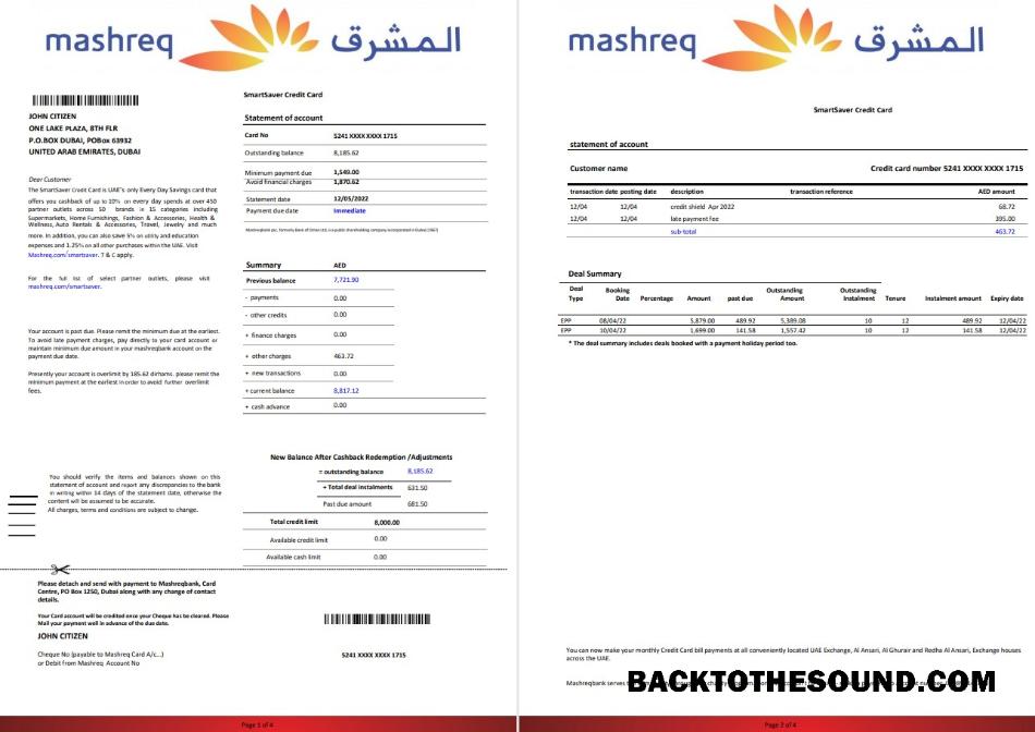 İndir BAE Mashreq Banka Hesap Özeti 4 pages Örnek tasarım
