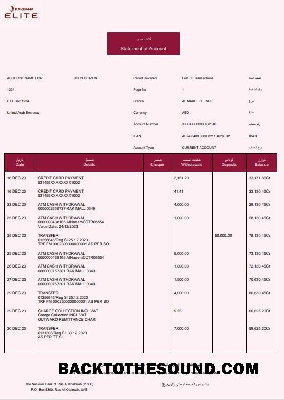 İndir BAE Rakbank Elite Banka Hesap Özeti Word and PDF Örnek şablon