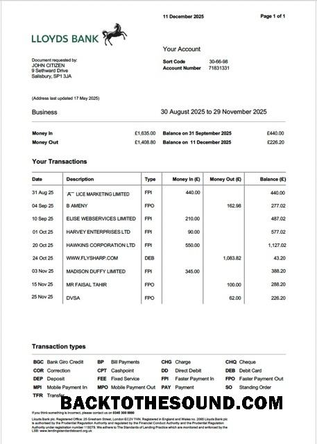 İndir Birleşik Krallık Lloyds Banka Hesap Hesap Özeti Word and PDF Örnek örnek