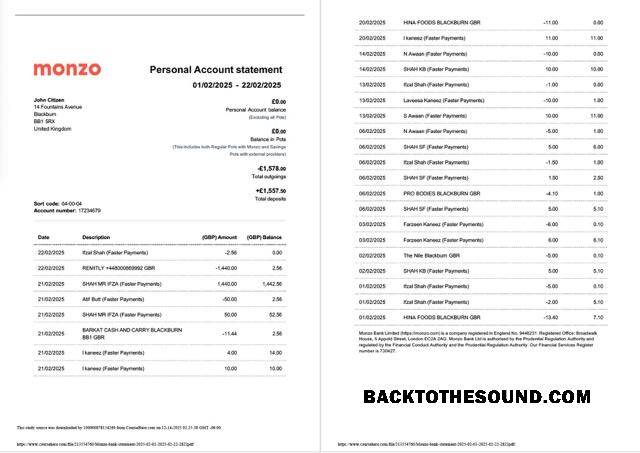 Yüksek Kalite İndir Birleşik Krallık Monzo Banka Hesap Hesap Özeti Word and PDF Şablon, 2 pages Örnek